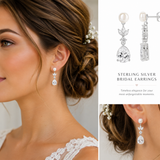 Sterling Silver Pearl & Pear Cut Bridal Earrings