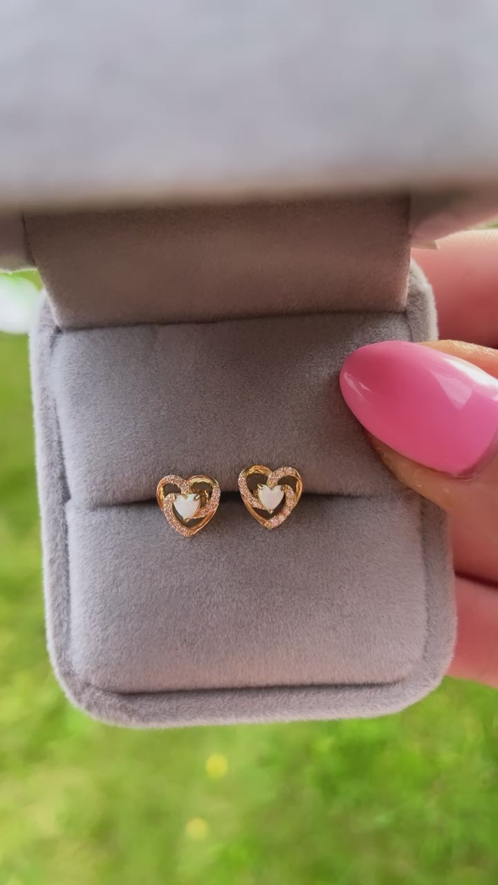 Solid 9ct Gold Opal Heart Earrings (9ct Solid Gold)